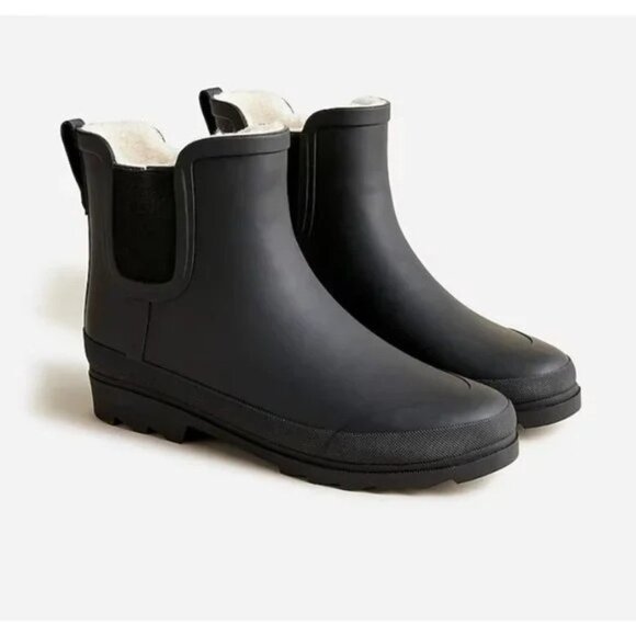 J.Crew Boots Womens Size 8 Black Rubber Rain Chelsea Sherpa Lined Ankle BD333 - Picture 1 of 9